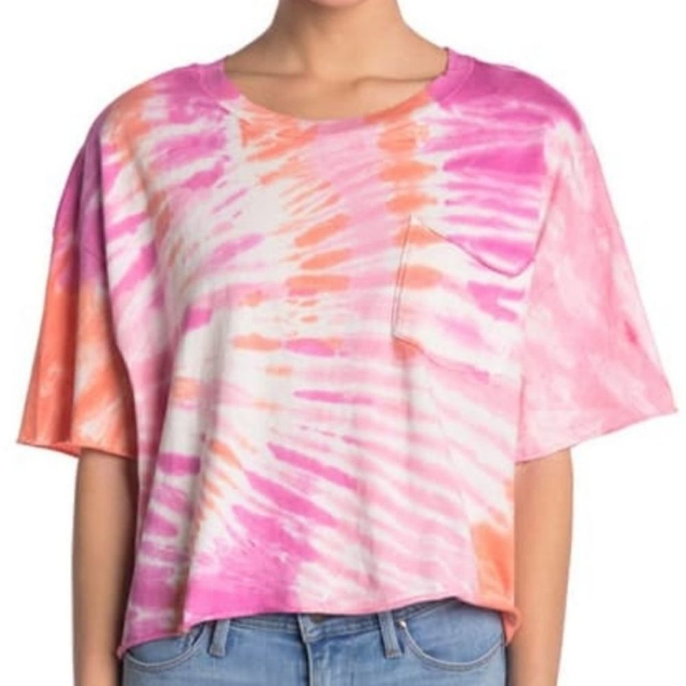 Nordstroms Abound Pink & Orange Tie Dye Cropped Pocket Tee T Shirt Size S